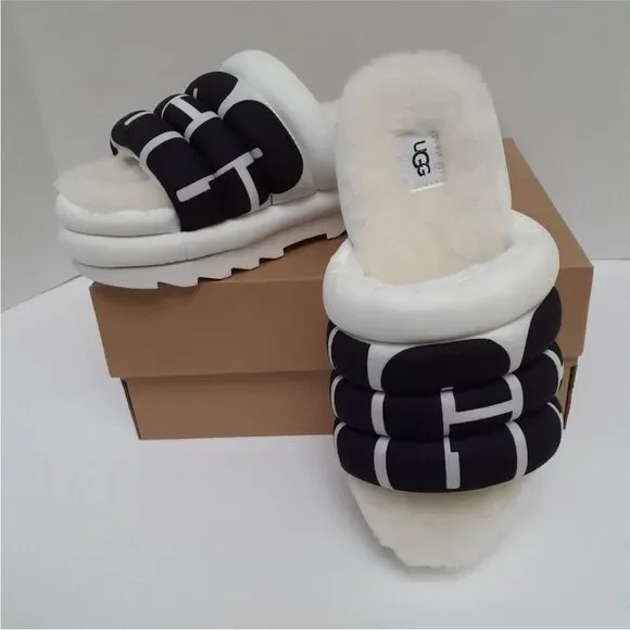NWT Ugg maxi slide logo quilted puff platform slipper sandals white black retro - Picture 10 of 13